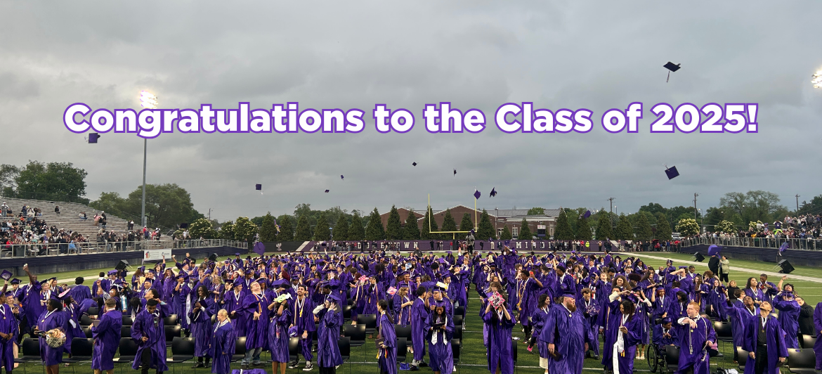 Photo shows class of 2025 at graduation throwing their grad caps in the air. photo reads" "congratulations tot he class of 2025!"